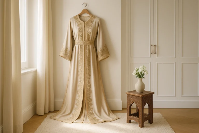 Caftan marocain soigneusement suspendu dans un dressing lumineux et épuré, illustrant les conseils d’entretien pour préserver sa beauté.