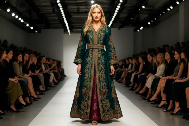 Défilé de mode avec des modèles en caftans marocains somptueux, marchant sur un podium entouré d’un public captivé.