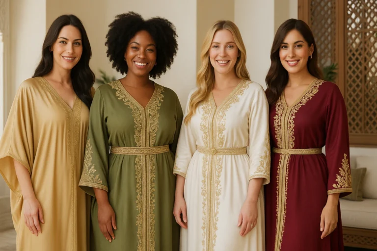 Groupe de femmes de morphologies différentes portant des caftans marocains élégants, illustrant la diversité et l’adaptabilité des coupes.