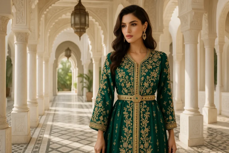 Femme en caftan marocain richement brodé, posant dans un palais marocain élégant, symbolisant l’héritage et l’artisanat du Maroc.