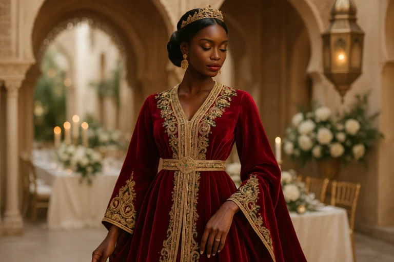 Femme élégante portant un caftan marocain lors d’une cérémonie.