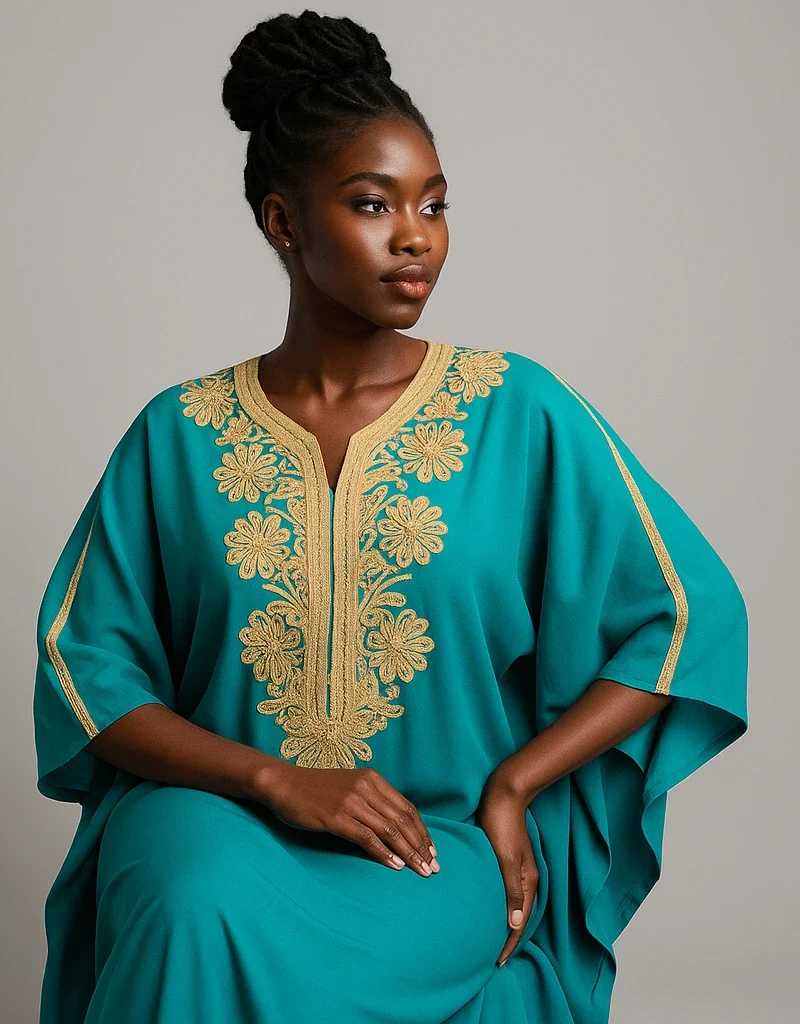 Caftan marocain turquoise brodé d’or porté par une femme africaine élégante.