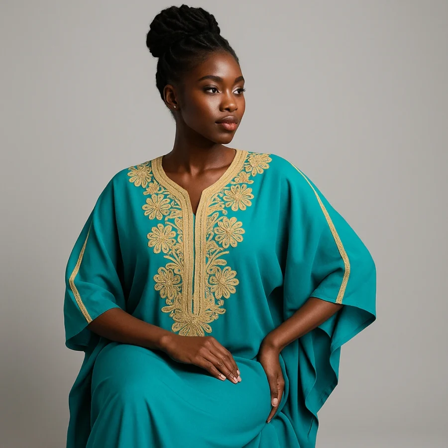 Caftan marocain turquoise brodé d’or porté par une femme africaine élégante.