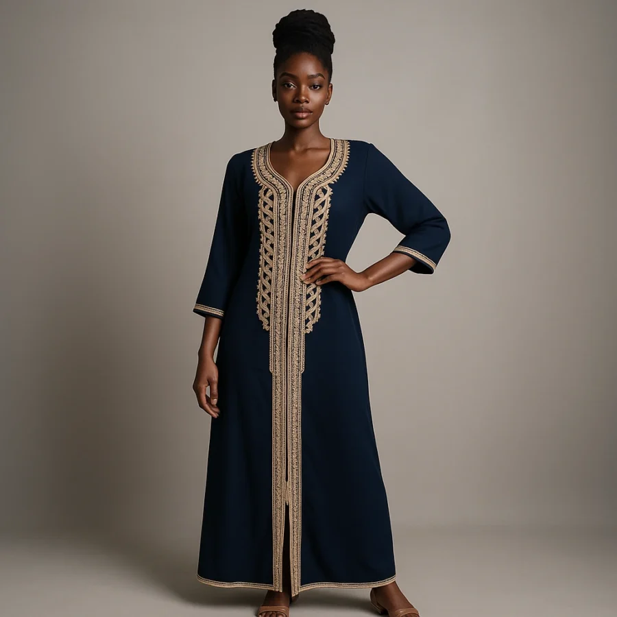 Élégance africaine en caftan marocain moderne couleur bleu profond et or.