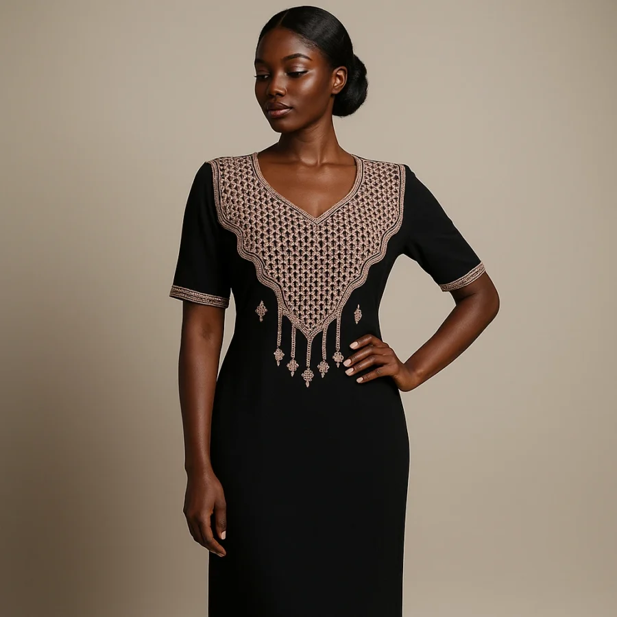 Caftan noir marocain brodé doré, porté avec élégance par une femme africaine, vu en trois-quarts.