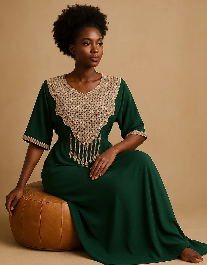 Caftan Émeraude Serein – Robe traditionnelle marocaine verte brodée ivoire portée par une femme africaine élégante.