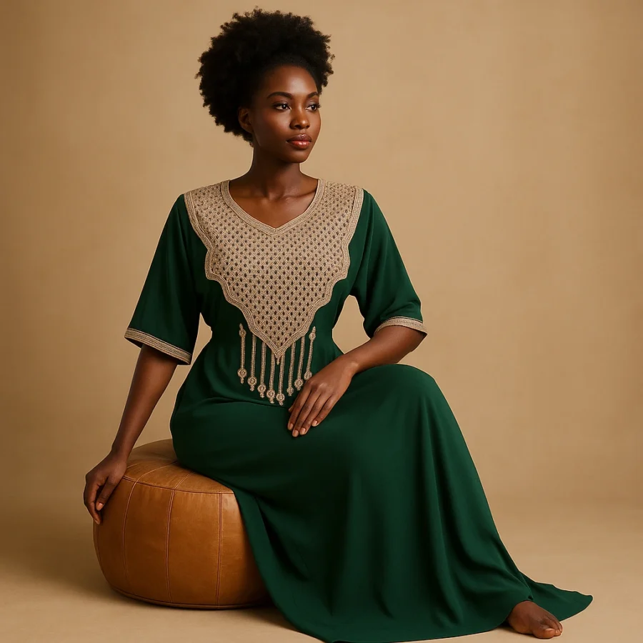 Caftan Émeraude Serein – Robe traditionnelle marocaine verte brodée ivoire portée par une femme africaine élégante.