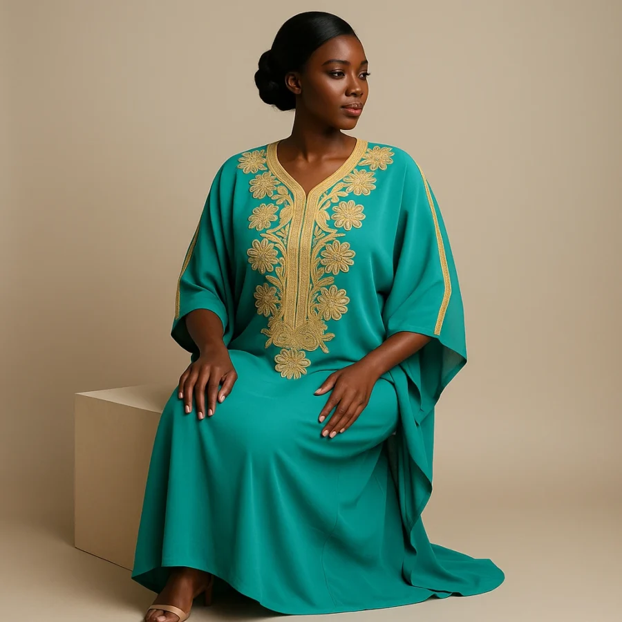 Élégance africaine en caftan marocain moderne couleur turquoise et or.