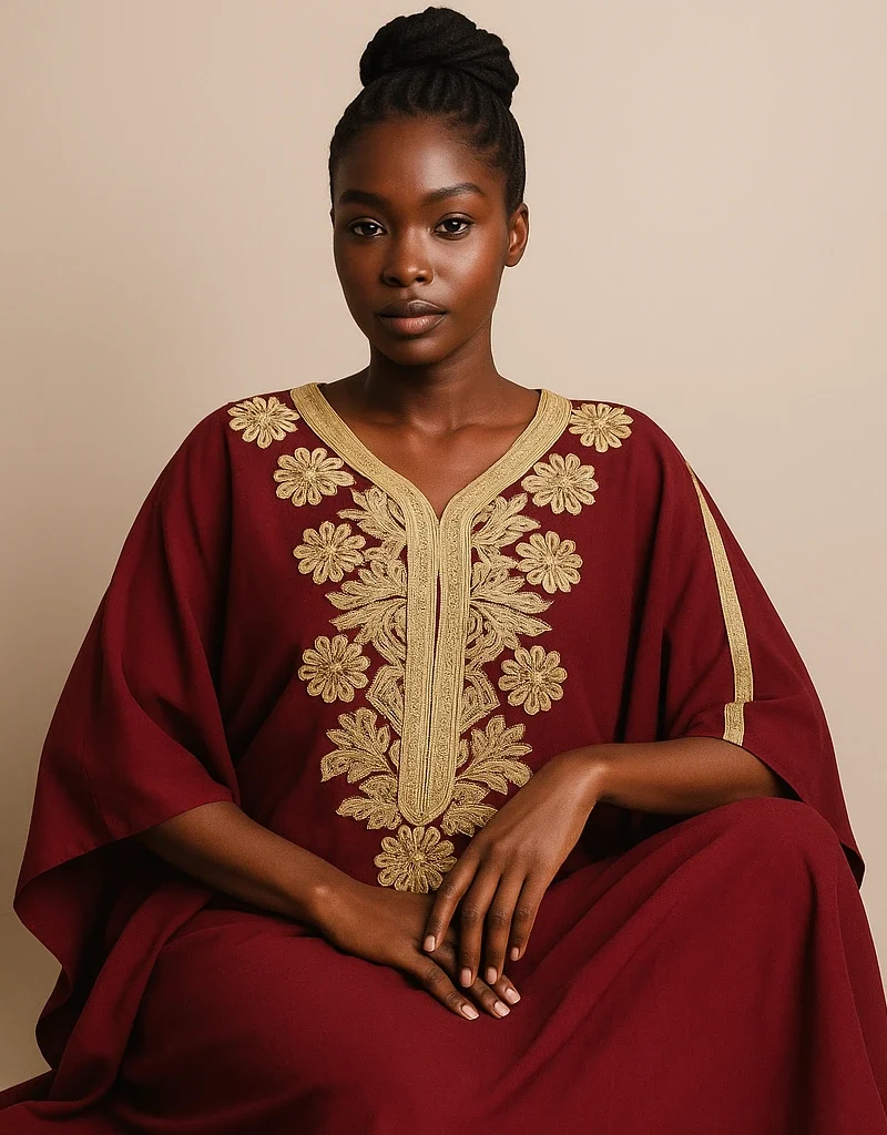 Caftan marocain grenat brodé d’or porté par une femme africaine élégante.