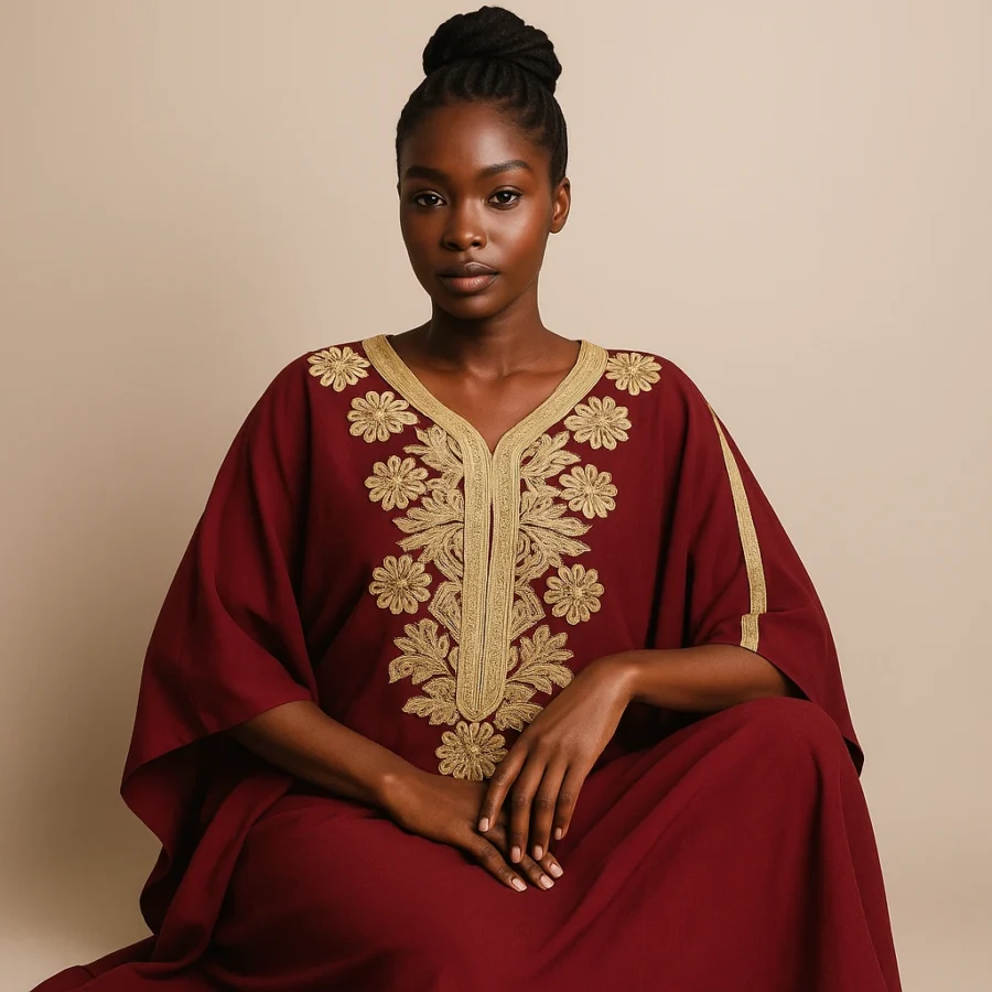 Caftan marocain grenat brodé d’or porté par une femme africaine élégante.