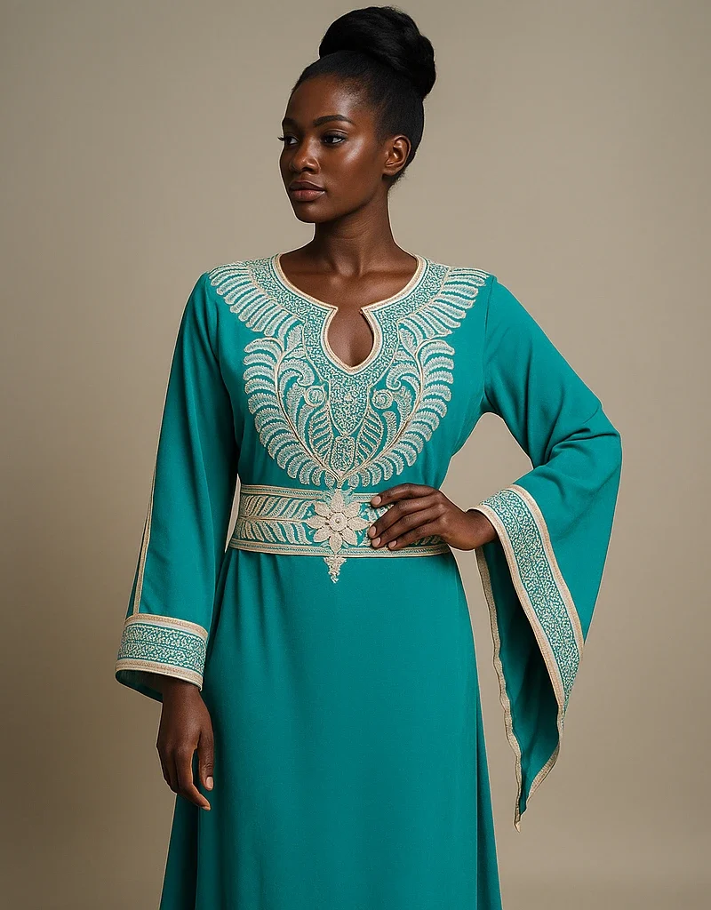 Zoom sur la broderie raffinée du caftan marocain turquoise, style royal et chic.