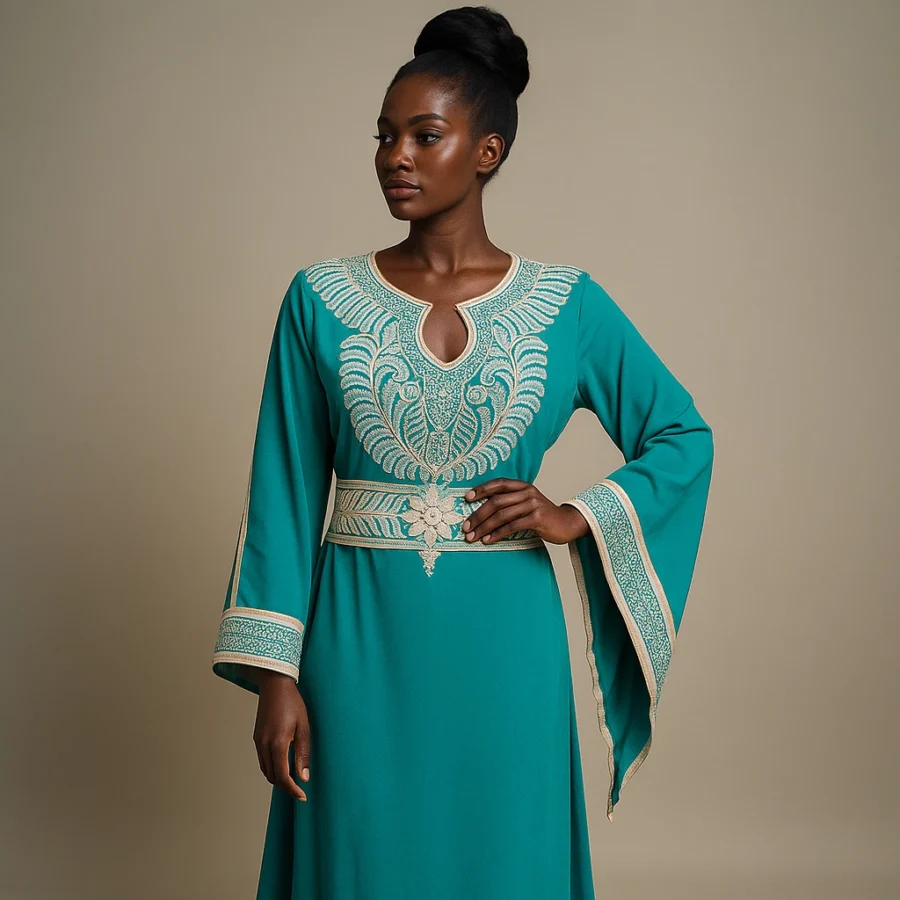 Zoom sur la broderie raffinée du caftan marocain turquoise, style royal et chic.
