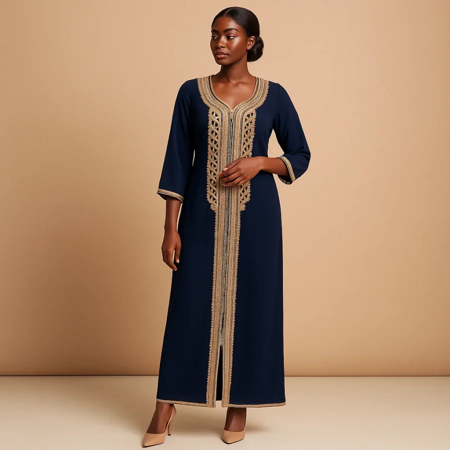Modèle en caftan bleu saphir avec broderies dorées et coupe droite, style chic et intemporel.