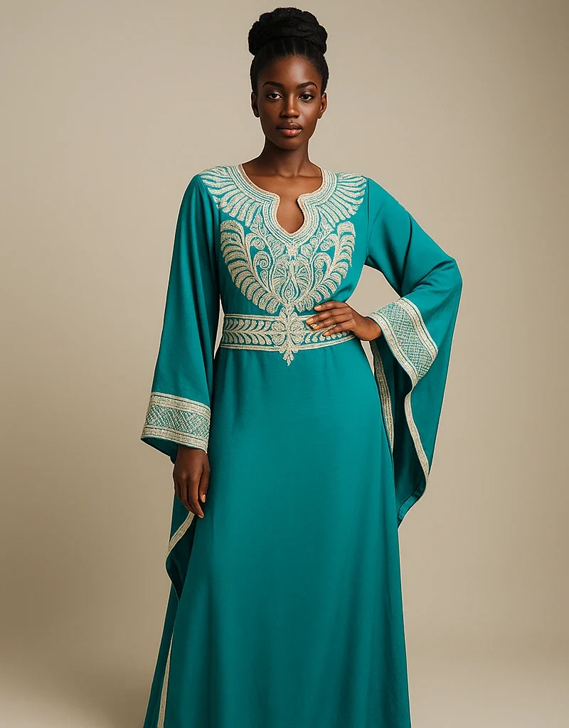 Vue de face d’un caftan de luxe turquoise avec ceinture brodée et manches larges.