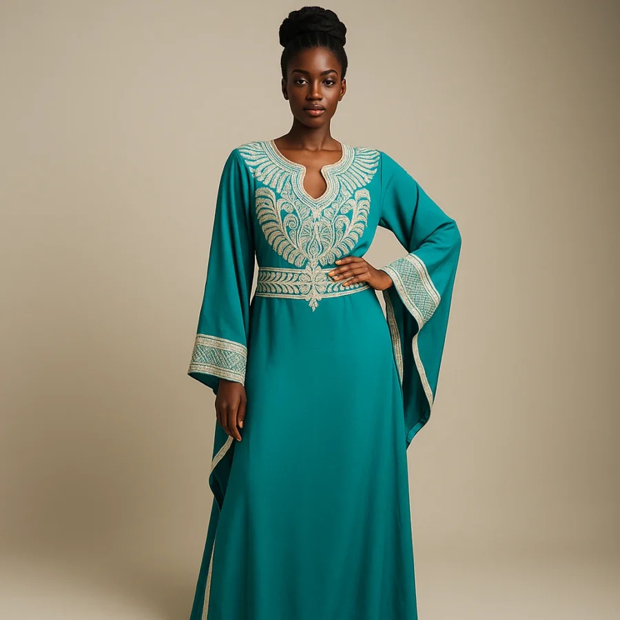 Vue de face d’un caftan de luxe turquoise avec ceinture brodée et manches larges.
