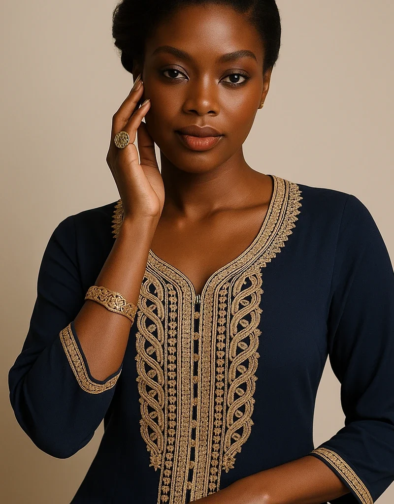 Caftan marocain bleu marine brodé d’or porté par une femme africaine élégante.
