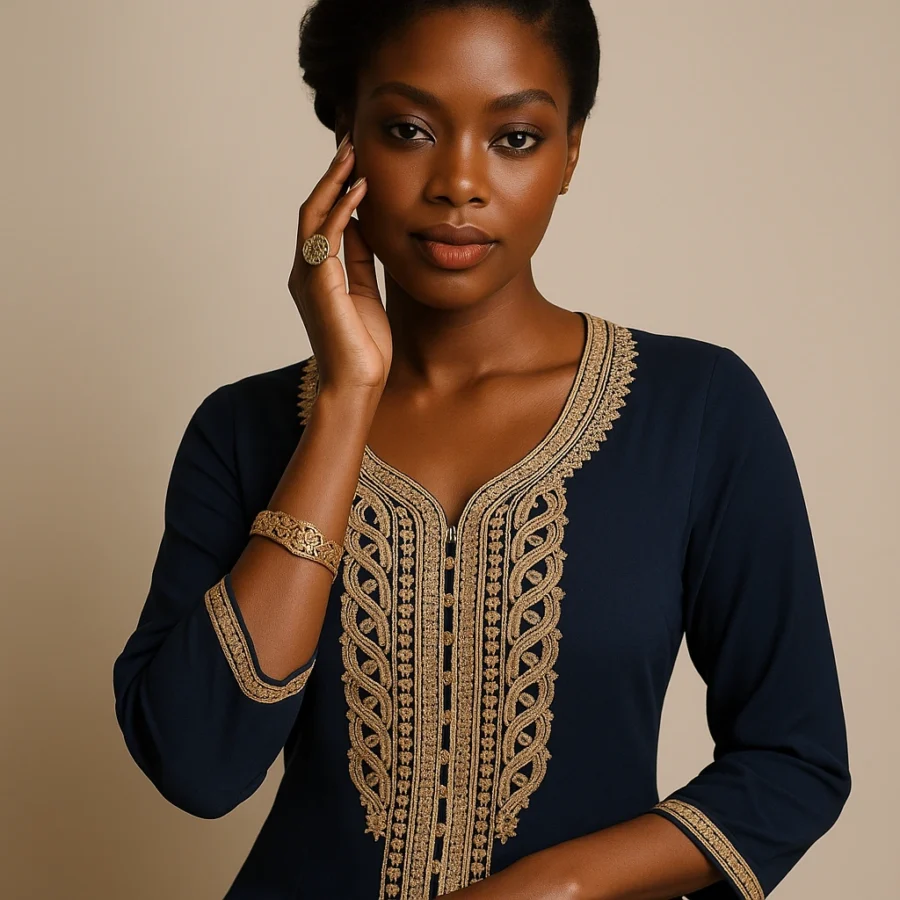 Caftan marocain bleu marine brodé d’or porté par une femme africaine élégante.