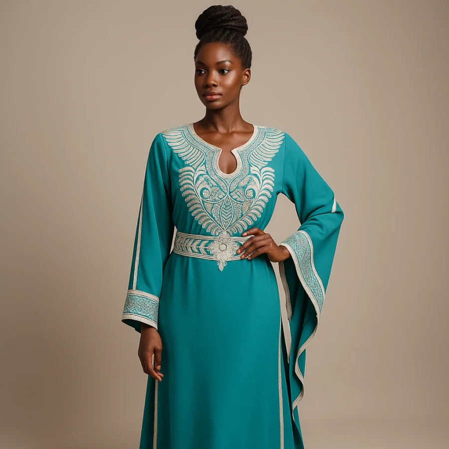 Détail du caftan turquoise avec broderie argentée et ouverture en goutte au col.