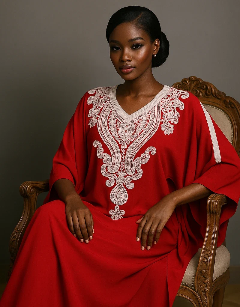Modèle en caftan marocain raffiné, couleur rouge vif avec motifs floraux brodés.