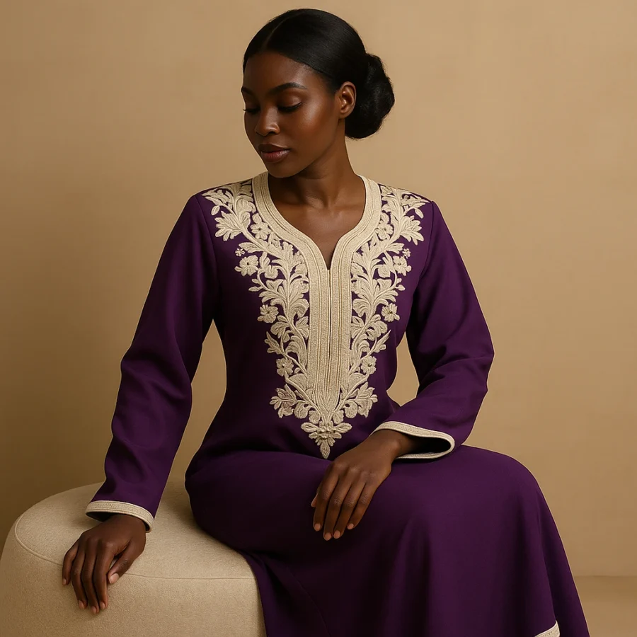 Caftan marocain violet avec broderie dorée porté par une femme africaine – Le Caftanier