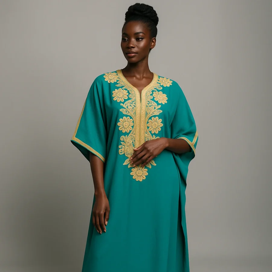Vue de face du caftan turquoise avec broderies florales dorées, style traditionnel marocain.