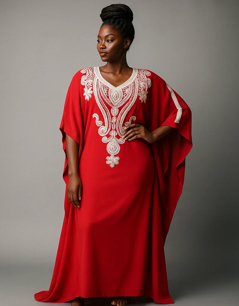 Caftan marocain rouge envoûtant avec broderies ivoire porté par une femme africaine élégante.