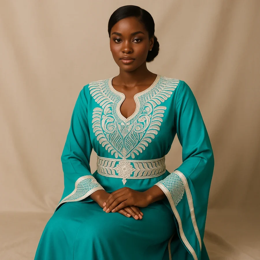 Femme assise portant un caftan marocain turquoise avec ceinture et manches larges.