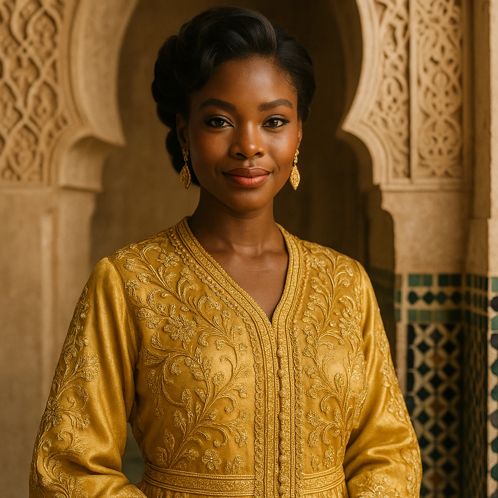 Caftan marocain raffiné en tissu luxueux avec broderies délicates, alliant élégance intemporelle et savoir-faire exceptionnel.
