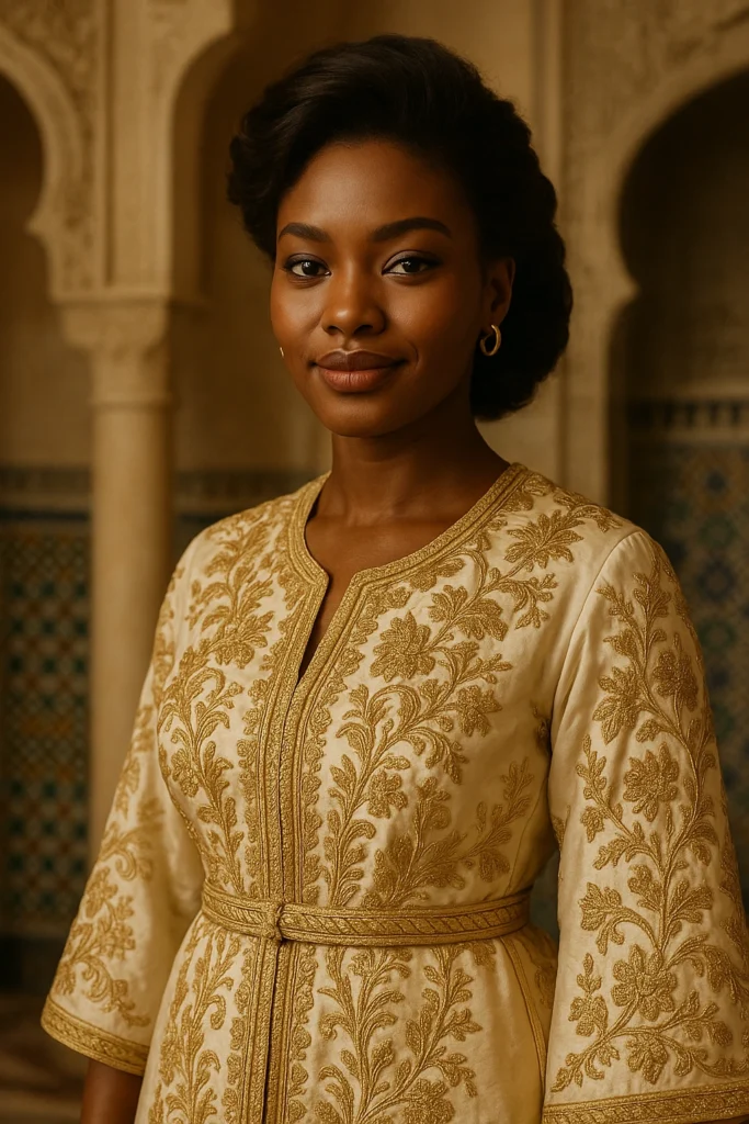 Caftan marocain raffiné en tissu luxueux avec broderies délicates, alliant élégance intemporelle et savoir-faire exceptionnel.