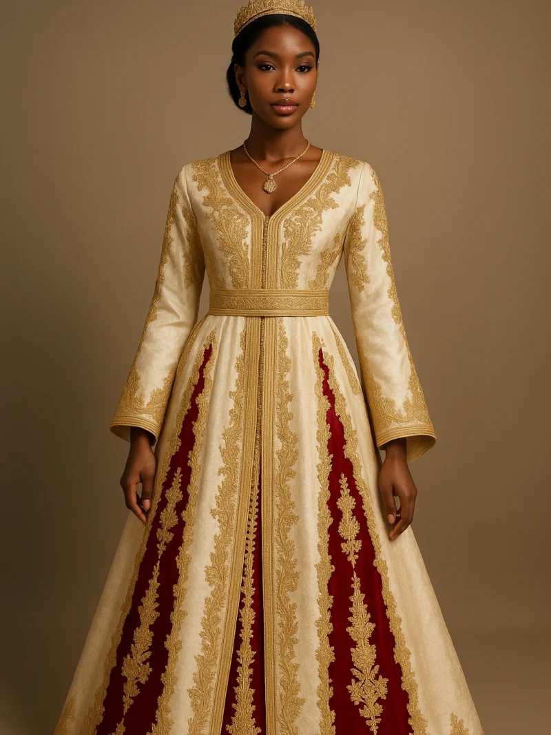 Caftan marocain luxueux pour mariage avec broderie dorée et détails en velours rouge, porté par une mariée africaine élégante dans une cour de palais.