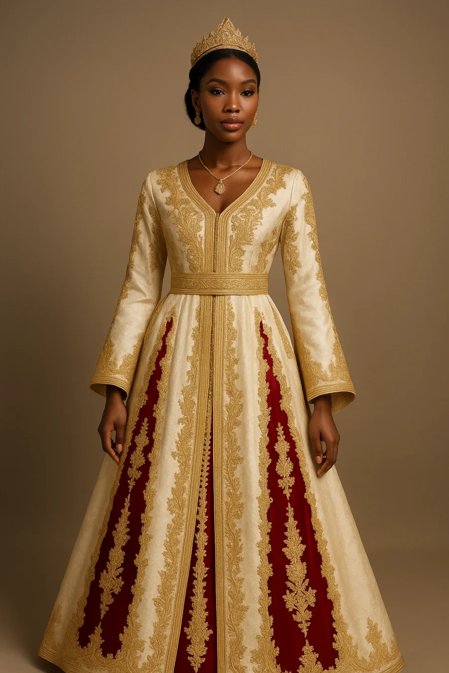 Caftan marocain luxueux pour mariage avec broderie dorée et détails en velours rouge, porté par une mariée africaine élégante dans une cour de palais.