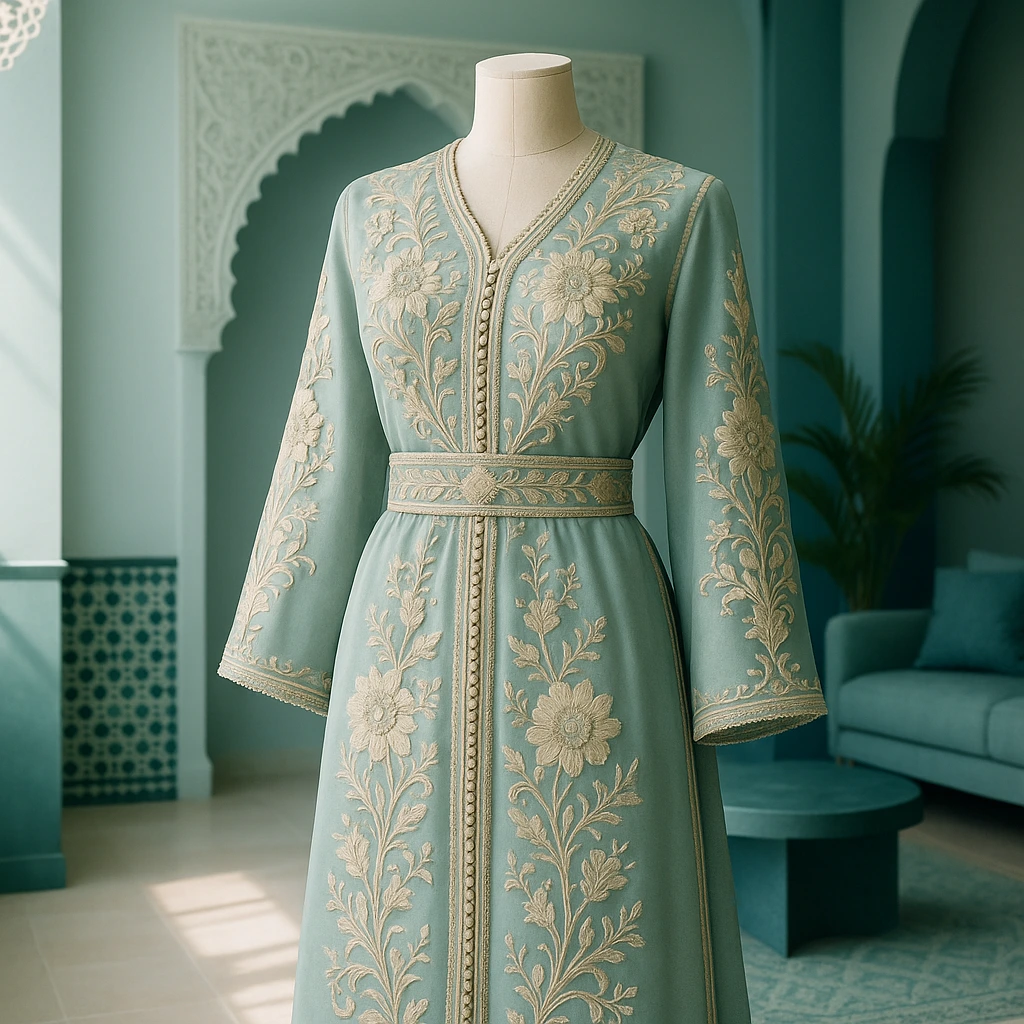 Caftan marocain raffiné en tissu luxueux avec broderies délicates, alliant élégance intemporelle et savoir-faire exceptionnel.