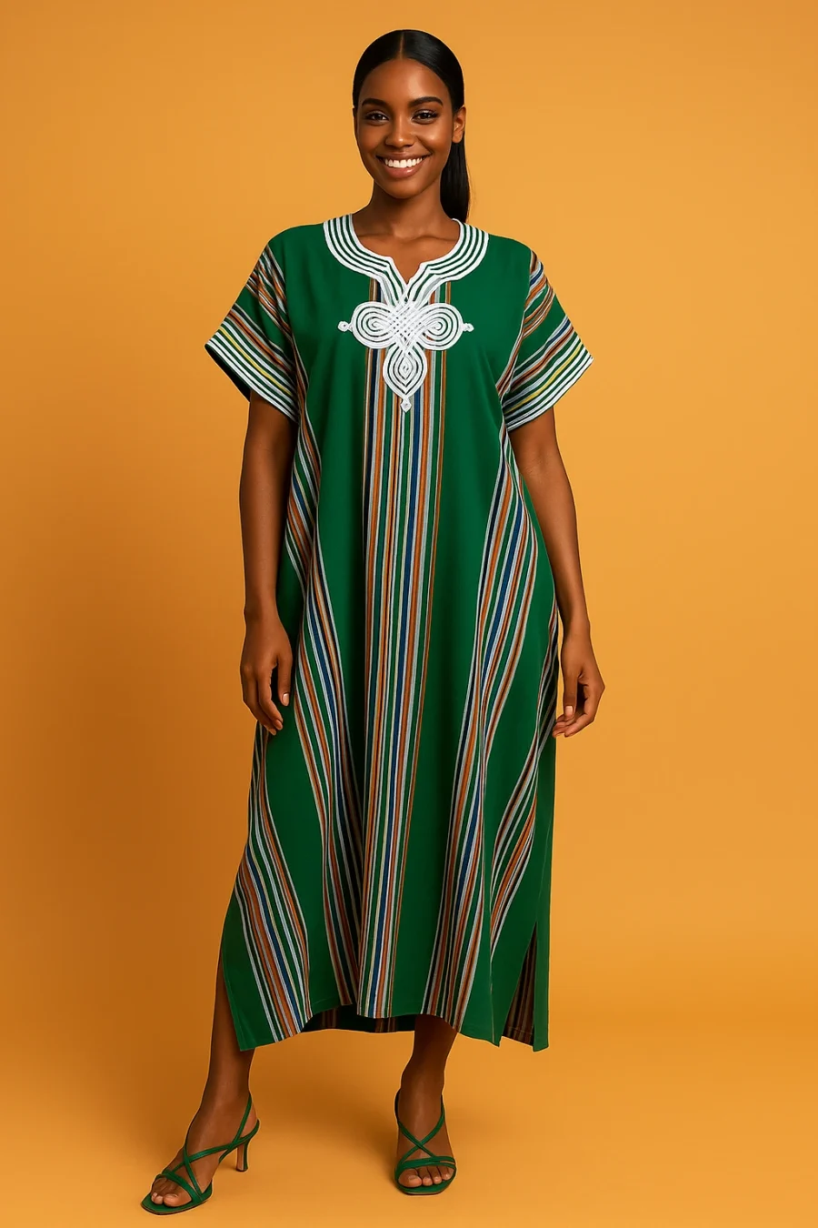 Caftan marocain vert menthe à manches papillon, broderie florale raffinée – tenue africaine chic et légère pour les occasions spéciales