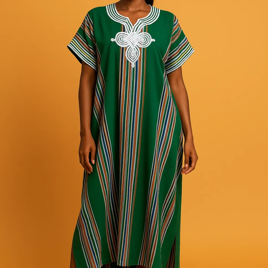 Caftan marocain vert menthe à manches papillon, broderie florale raffinée – tenue africaine chic et légère pour les occasions spéciales