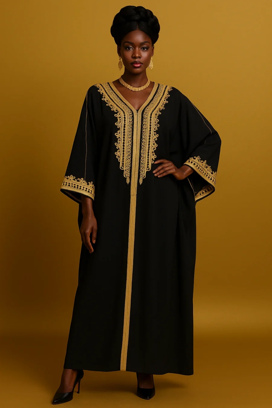 Caftan royal noir et doré porté par une femme ivoirienne élégante – coupe ample papillon, broderie artisanale dorée et tissu noir structuré en studio doré.