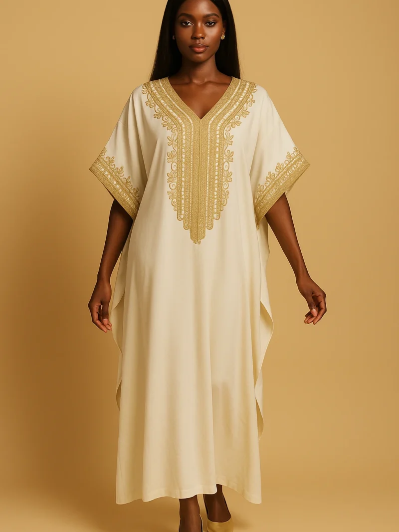 Femme africaine chic en caftan marocain blanc nacré orné de broderies dorées raffinées, coupe fluide et décontractée avec talons dorés.