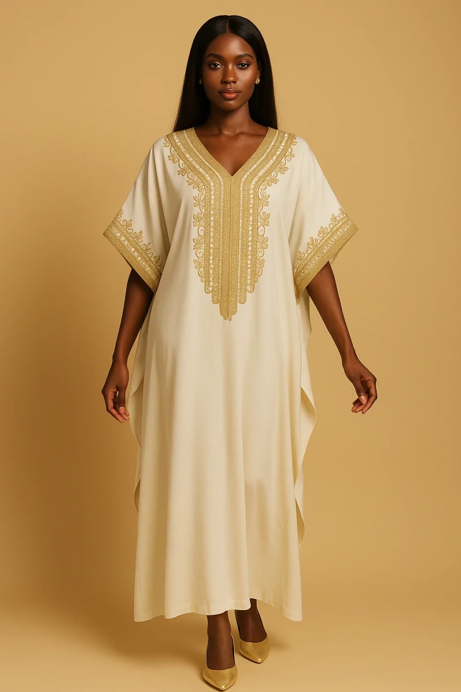 Femme africaine chic en caftan marocain blanc nacré orné de broderies dorées raffinées, coupe fluide et décontractée avec talons dorés.