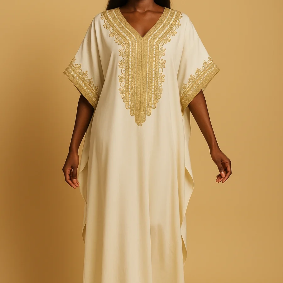 Femme africaine chic en caftan marocain blanc nacré orné de broderies dorées raffinées, coupe fluide et décontractée avec talons dorés.