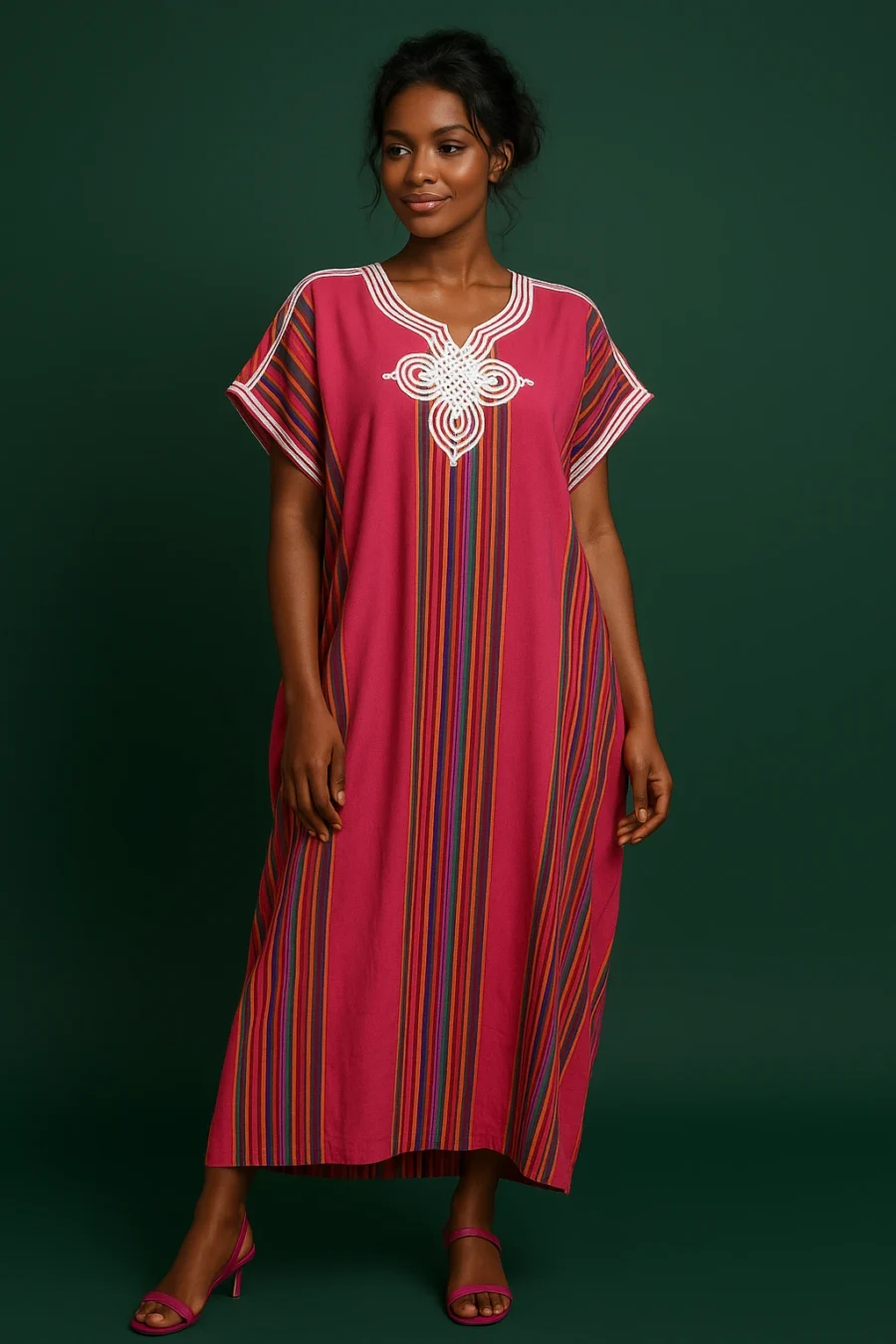 Boubou rose pour femme africaine élégante – tissu fluide brodé à la main dans le style marocain chic