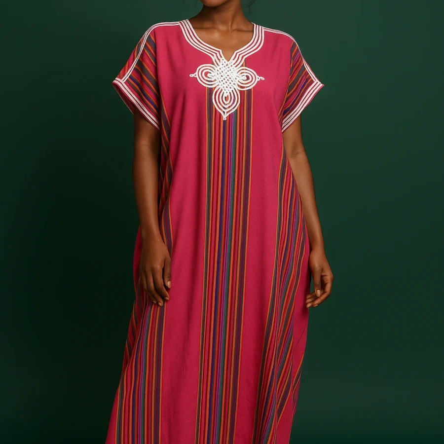 Boubou rose pour femme africaine élégante – tissu fluide brodé à la main dans le style marocain chic