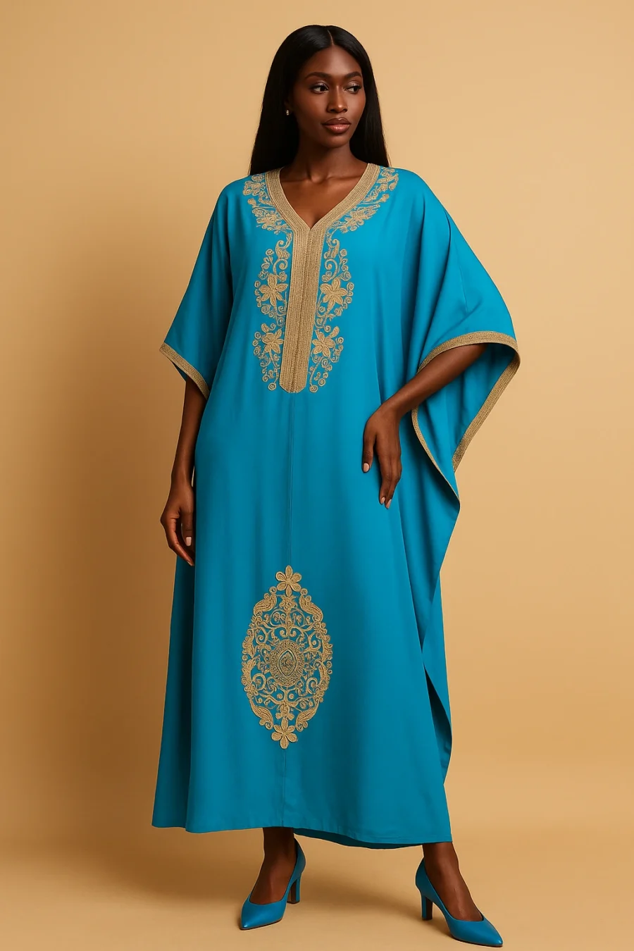 Caftan bleu ciel style papillon pour femme africaine – broderie dorée artisanale, coupe fluide et élégante pour occasions spéciales