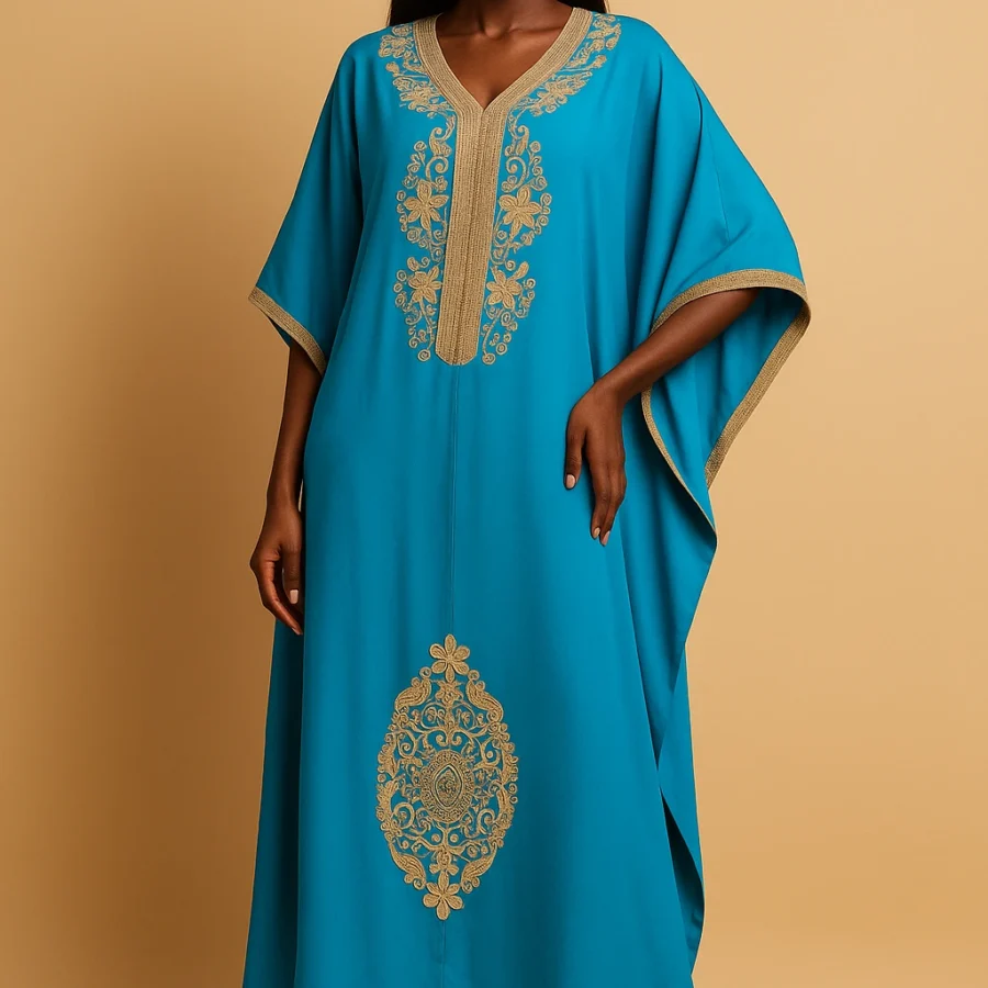 Caftan bleu ciel style papillon pour femme africaine – broderie dorée artisanale, coupe fluide et élégante pour occasions spéciales
