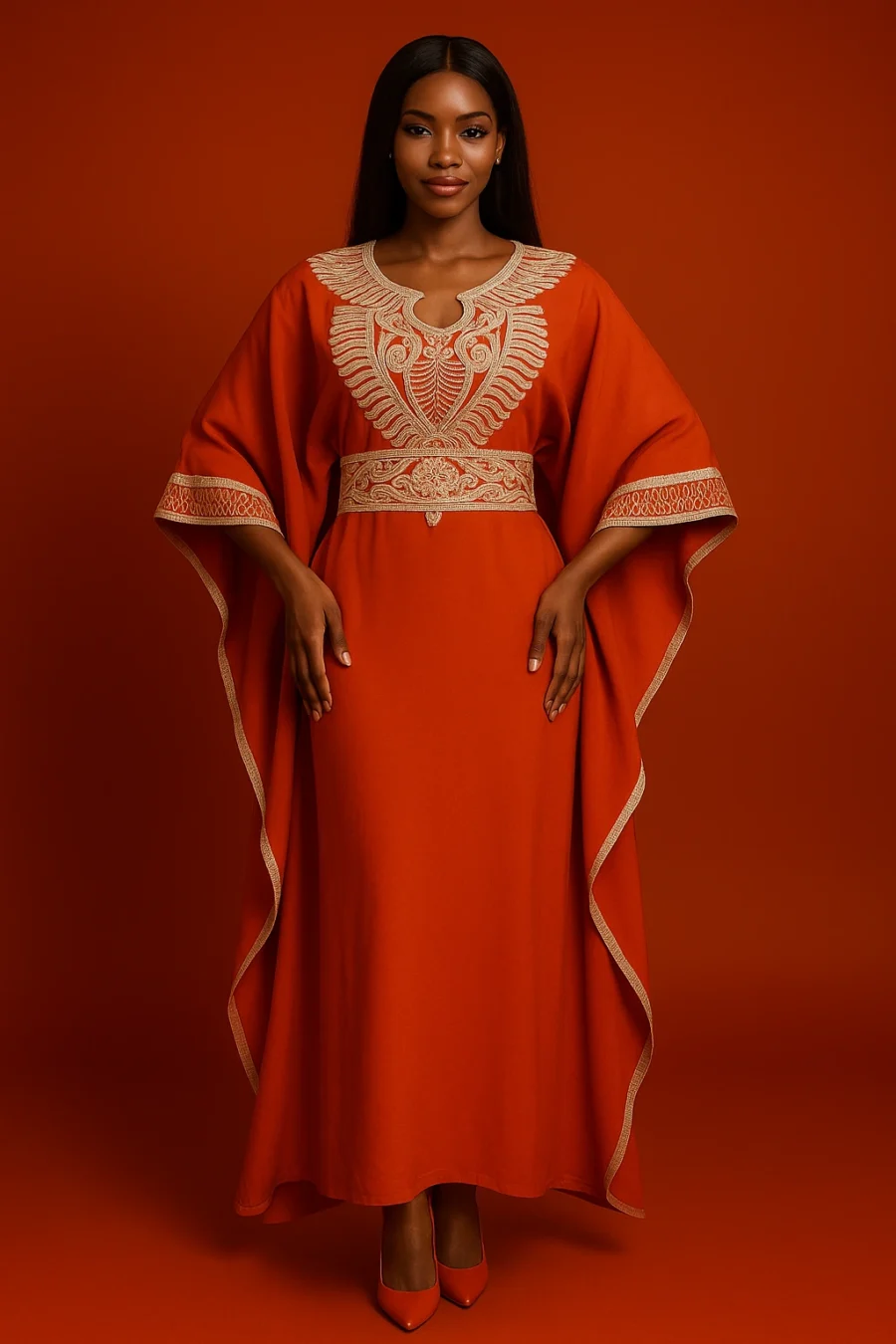Caftan marocain orange avec broderie blanche contrastante, manches amples et coupe fluide, look frais et élégant pour vos événements