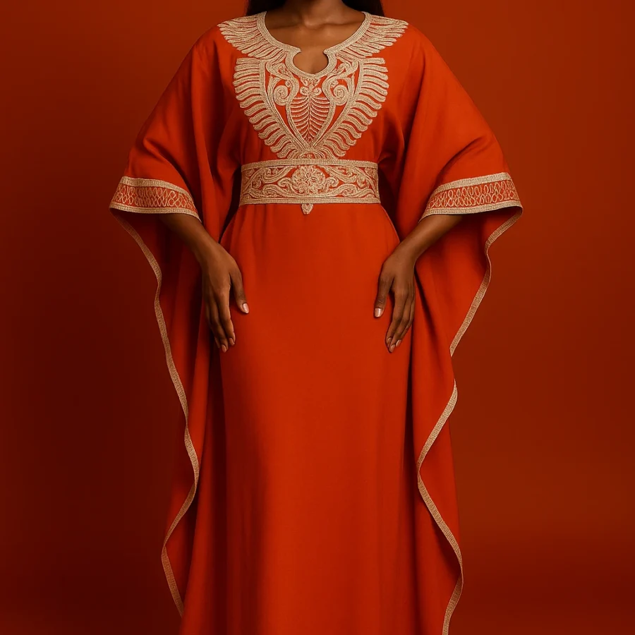 Caftan marocain orange avec broderie blanche contrastante, manches amples et coupe fluide, look frais et élégant pour vos événements