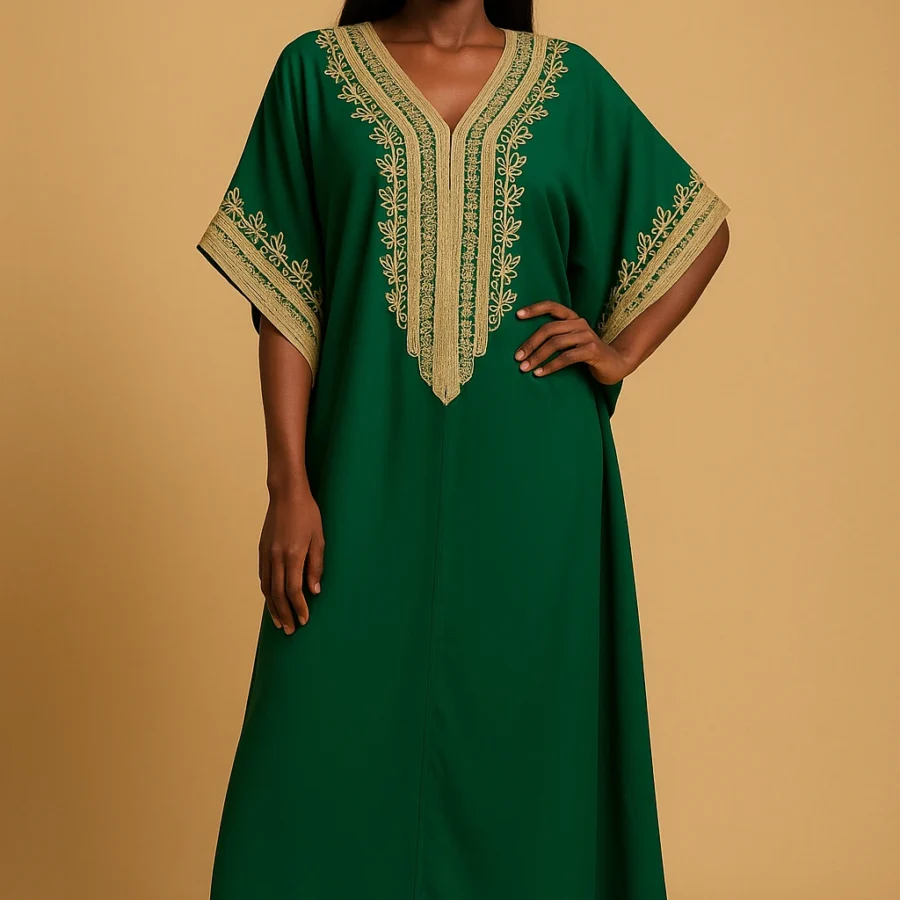 Femme ivoirienne élégante portant un caftan marocain vert émeraude avec broderie dorée artisanale, coupe ample et manches papillon, posant dans un studio beige avec escarpins assortis.