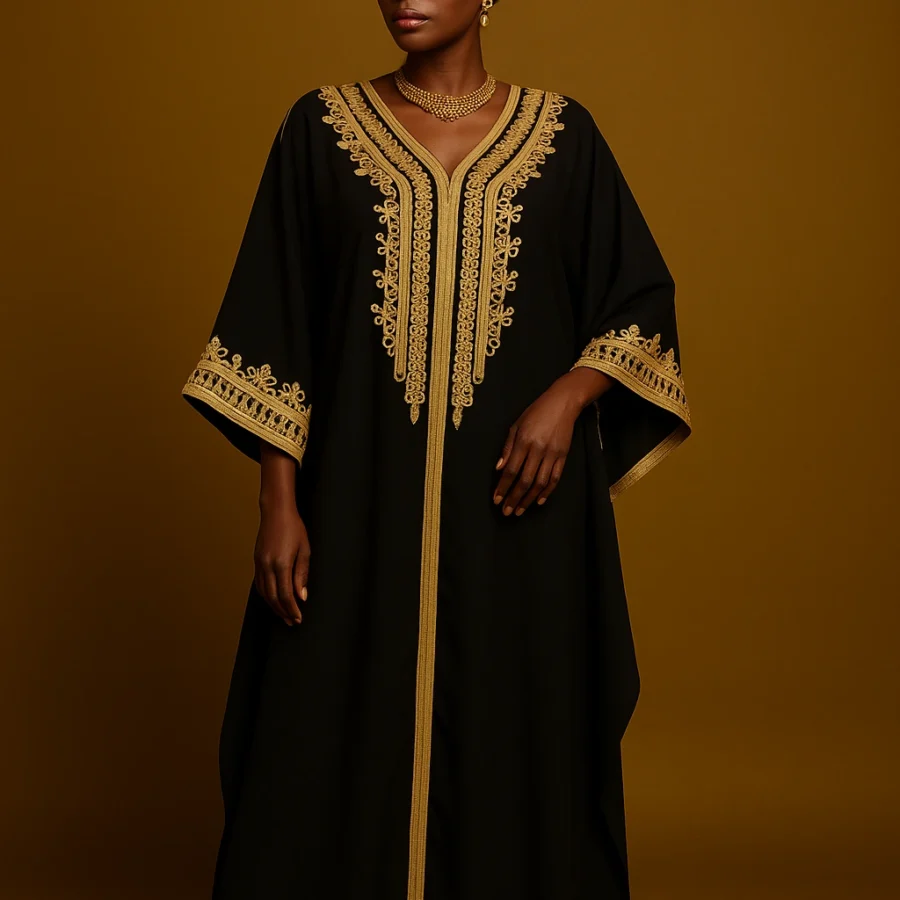 Caftan royal noir et doré porté par une femme ivoirienne élégante – coupe ample papillon, broderie artisanale dorée et tissu noir structuré en studio doré.