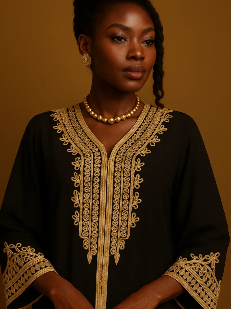 Détail broderie caftan noir et doré – zoom sur l'encolure en V richement brodée et les finitions artisanales d'un caftan de luxe africain.