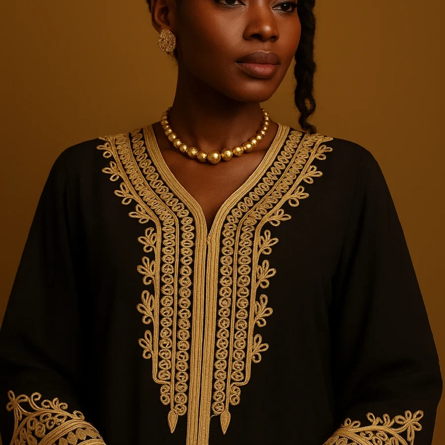 Détail broderie caftan noir et doré – zoom sur l'encolure en V richement brodée et les finitions artisanales d'un caftan de luxe africain.