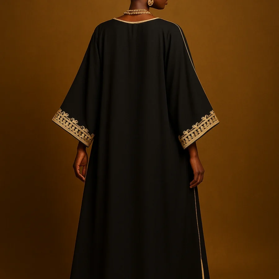 Vue de dos d’un caftan papillon noir et doré – manches larges, tombé fluide et broderie royale sur fond studio doré, mode africaine haut de gamme.