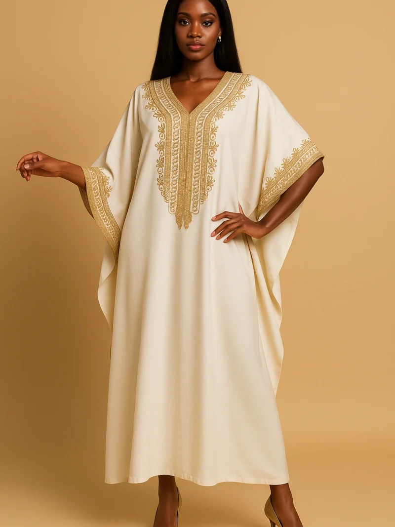 Femme africaine chic en caftan marocain blanc nacré orné de broderies dorées raffinées, coupe fluide et décontractée avec talons dorés.